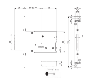 407015000Z53 Mottura (Моттура) Замок врезной 40.701.50, ключ 40 мм