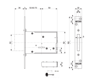 407016000Z53 Mottura (Моттура) Замок врезной 40.701.60, ключ 40 мм