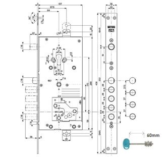 54J936M-S Mottura (Моттура) Замок врезной двухсистемный MyKey левый, ключ 60 мм