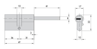 DPC1P3631 S3 PROJECT MOTTURA цилиндровый механизм 67мм(36х31) ключ/длинный шток, никель (1+5ключей)